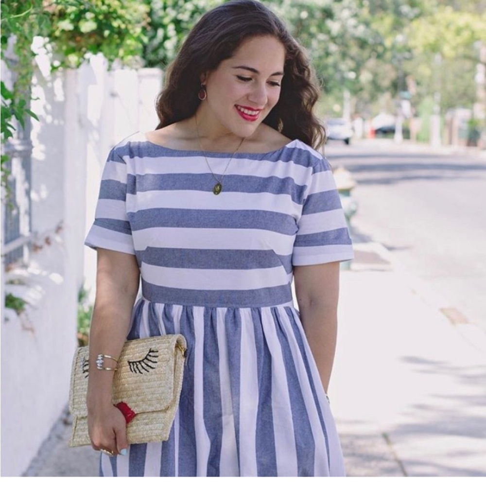 Shabby Apple blue and white stripped dress, gold zipper in the back